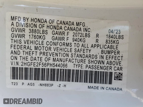 2023 Honda Civic Sedan Sport with VIN 2HGFE2F56PH544066, listed as a Copart auction lot 43642265 with 21,719 mi miles and Salvage Title. Bid and sale history available at carsss.com. Image 12.