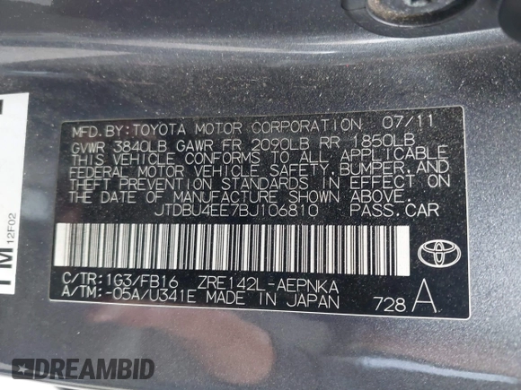 2011 Toyota Corolla L with VIN JTDBU4EE7BJ106810, listed as a IAAI auction lot 42054750 with 256,064 mi miles. Bid and sale history available at carsss.com. Image 9.