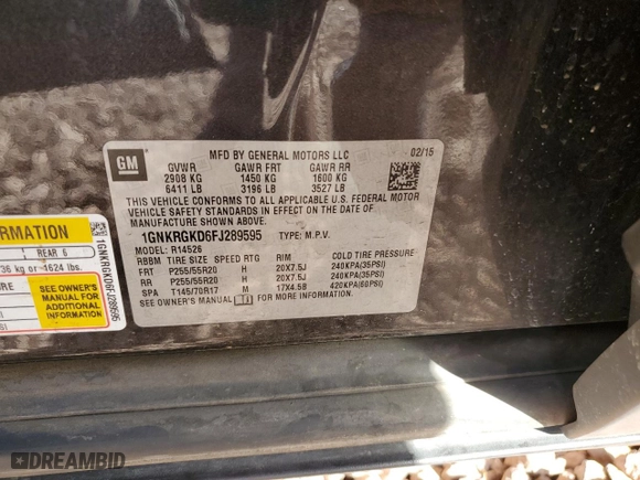 2015 Chevrolet Traverse LT with VIN 1GNKRGKD6FJ289595, listed as a Copart auction lot 47949005 with 154,661 mi miles and Salvage Title. Bid and sale history available at carsss.com. Image 15.