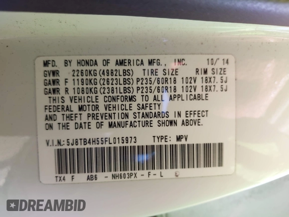 2015 Acura RDX Tech Pkg with VIN 5J8TB4H55FL015973, listed as a IAAI auction lot 42075177 with 134,011 mi miles. Bid and sale history available at carsss.com. Image 9.