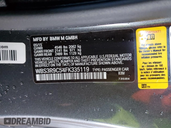 2015 BMW M4 with VIN WBS3R9C54FK335119, listed as a Copart auction lot 42120434 with 57,384 mi miles. Bid and sale history available at carsss.com. Image 13.