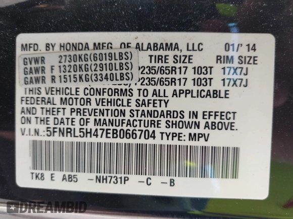 2014 Honda Odyssey EX with VIN 5FNRL5H47EB066704, listed as a IAAI auction lot 42217603 with 197,320 mi miles and . Bid and sale history available at carsss.com. Image 9.