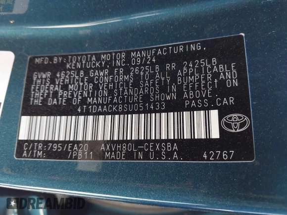 2025 Toyota Camry LE with VIN 4T1DAACK8SU051433, listed as a IAAI auction lot 41893289 with 10,084 mi miles and . Bid and sale history available at DreamBid. Image 9.