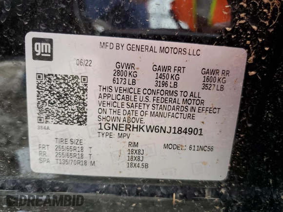 2022 Chevrolet Traverse LT with VIN 1GNERHKW6NJ184901, listed as a Copart auction lot 58931225 with 45,586 mi miles and Salvage title. Bid and sale history available at DreamBid. Image 13.