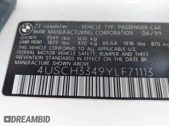 2000 BMW Z3 2.8 with VIN 4USCH3349YLF71113, listed as a IAAI auction lot 42623001 with 133,873 mi miles and . Bid and sale history available at DreamBid. Image 9.