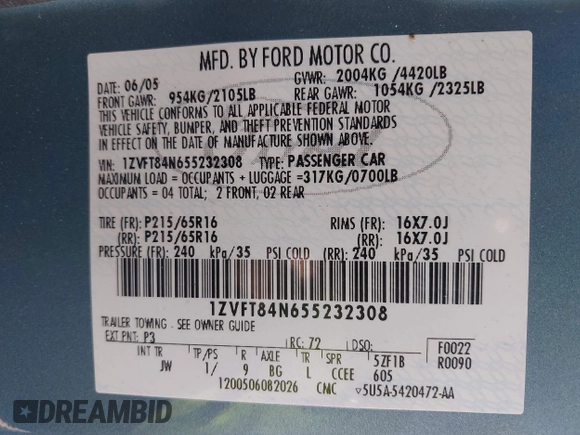 2005 Ford Mustang Deluxe with VIN 1ZVFT84N655232308, listed as a IAAI auction lot 42139250 with 200,850 mi miles. Bid and sale history available at carsss.com. Image 9.