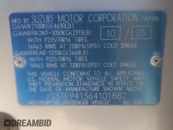 2006 Suzuki Grand Vitara z VIN JS3TE941364101882, wystawiony jako Copart lot #84143364 z przebiegiem 148 560 mil mil oraz Szkody całkowita. Historia ofert i sprzedaży dostępna na DreamBid. Obrazek 15.