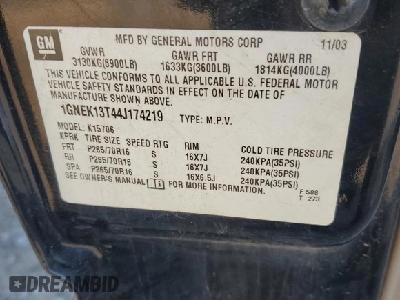 2004 Chevrolet Tahoe LS with VIN 1GNEK13T44J174219, listed as a Copart auction lot 74124674 with 235,172 mi miles and Salvage Title. Bid and sale history available at carsss.com. Image 15.