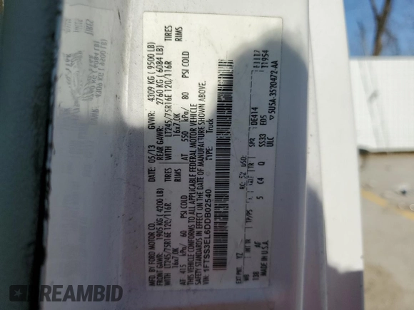 2013 Ford Econoline Cargo Commercial with VIN 1FTSS3EL6DDB02540, listed as a Copart auction lot 48965085 with 190,210 mi miles and Clean title. Bid and sale history available at DreamBid. Image 13.