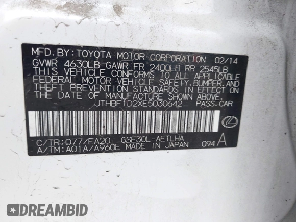 2014 Lexus IS 250 with VIN JTHBF1D2XE5030642, listed as a IAAI auction lot 42348749 with 165,898 mi miles and . Bid and sale history available at DreamBid. Image 9.
