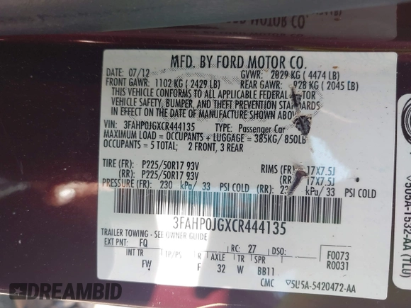 2012 Ford Fusion SEL with VIN 3FAHP0JGXCR444135, listed as a IAAI auction lot 42413173 with 115,461 mi miles and . Bid and sale history available at DreamBid. Image 9.