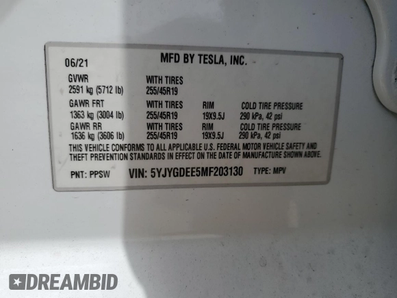 2021 Tesla Model Y Long Range with VIN 5YJYGDEE5MF203130, listed as a Copart auction lot 54642795 with 73,663 mi miles and Non Repairable. Bid and sale history available at DreamBid. Image 13.