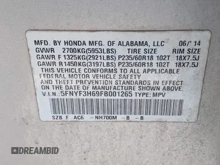 2015 Honda Pilot EX-L with VIN 5FNYF3H69FB001265, listed as a IAAI auction lot 41017830 with 188,572 mi miles and . Bid and sale history available at carsss.com. Image 9.