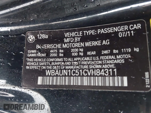 2012 BMW 1 Series 128i with VIN WBAUN1C51CVH84311, listed as a IAAI auction lot 41551912 with 147,052 mi miles and . Bid and sale history available at DreamBid. Image 9.