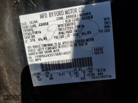 2005 Ford Excursion Limited с VIN 1FMNU43S15EB14027, выставлен на аукционе Copart как лот 45529795 с пробегом 285 689 миль миль и Списание • Salvage title. История ставок и продаж доступна на DreamBid. Изображение 13.