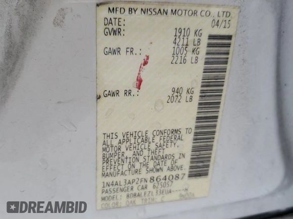 2015 Nissan Altima SL with VIN 1N4AL3AP2FN864087, listed as a Copart auction lot 59561135 with 114,997 mi miles and Salvage title. Bid and sale history available at DreamBid. Image 13.