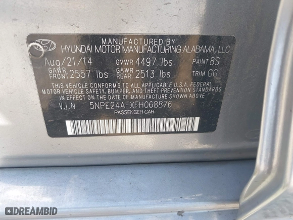 2015 Hyundai Sonata 2.4L SE with VIN 5NPE24AFXFH068876, listed as a IAAI auction lot 42113424 with 113,473 mi miles. Bid and sale history available at carsss.com. Image 9.