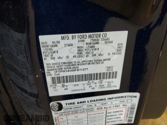 2009 Ford F-150 XL with VIN 1FTPW14V09FB11277, listed as a Copart auction lot 59531415 with 186,572 mi miles and Salvage title. Bid and sale history available at DreamBid. Image 12.