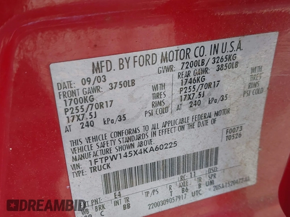 2004 Ford F-150 XLT с VIN 1FTPW145X4KA60225, выставлен на аукционе IAAI как лот 42405696 с пробегом 151 805 миль миль и . История ставок и продаж доступна на DreamBid. Изображение 9.