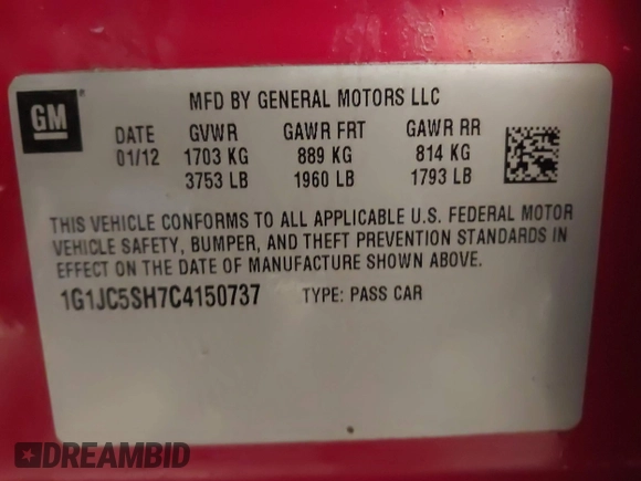 2012 Chevrolet Sonic LT with VIN 1G1JC5SH7C4150737, listed as a IAAI auction lot 41743667 with 182,261 mi miles and . Bid and sale history available at DreamBid. Image 9.