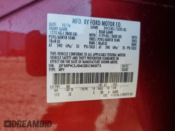 2016 Ford Edge SEL z VIN 2FMPK3J94GBC66973, wystawiony jako Copart lot #50768875 z przebiegiem 95 219 mil mil oraz Szkoda całkowita • Salvage title. Historia ofert i sprzedaży dostępna na DreamBid. Obrazek 15.