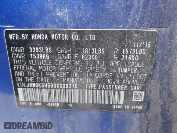 2016 Honda Fit LX with VIN JHMGK5H59GX009270, listed as a IAAI auction lot 41858335 with 176,785 mi miles. Bid and sale history available at carsss.com. Image 9.