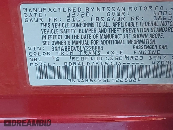 2020 Nissan Sentra SV with VIN 3N1AB8CV5LY228884, listed as a IAAI auction lot 41800372 with 55,259 mi miles and . Bid and sale history available at DreamBid. Image 9.