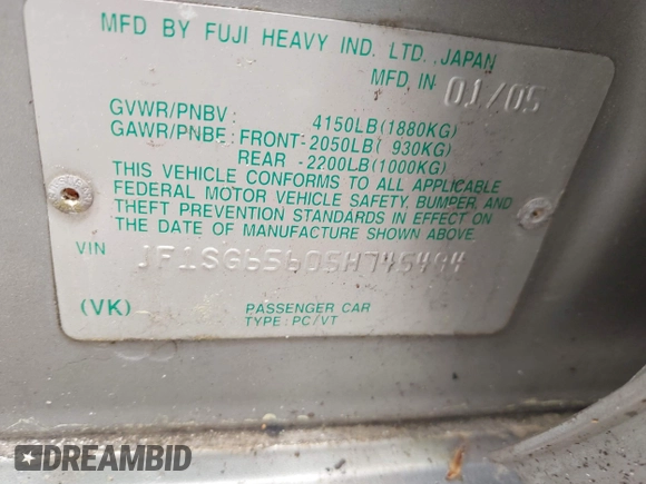 2005 Subaru Forester XS with VIN JF1SG65605H745494, listed as a IAAI auction lot 42382364 with 256,505 mi miles and . Bid and sale history available at DreamBid. Image 9.