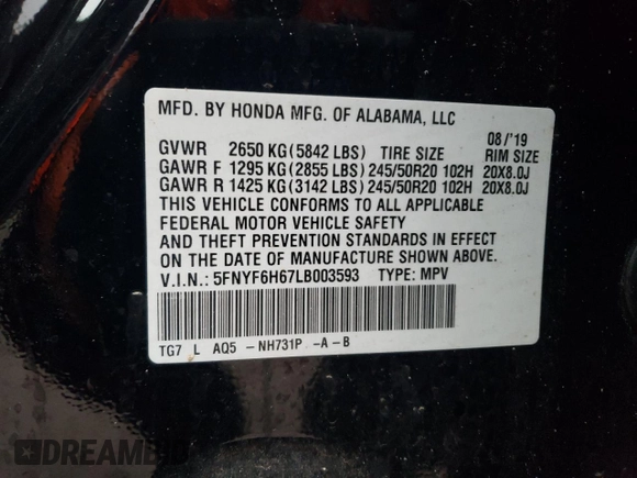2020 Honda Pilot Touring 7-Passenger z VIN 5FNYF6H67LB003593, wystawiony jako Copart lot #83658334 z przebiegiem 105 575 mil mil oraz Szkoda całkowita • Salvage title. Historia ofert i sprzedaży dostępna na DreamBid. Obrazek 13.