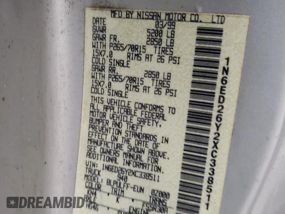 1999 Nissan Frontier XE with VIN 1N6ED26Y2XC338511, listed as a Copart auction lot 44686815 with Not provided miles and Clean title. Bid and sale history available at DreamBid. Image 13.