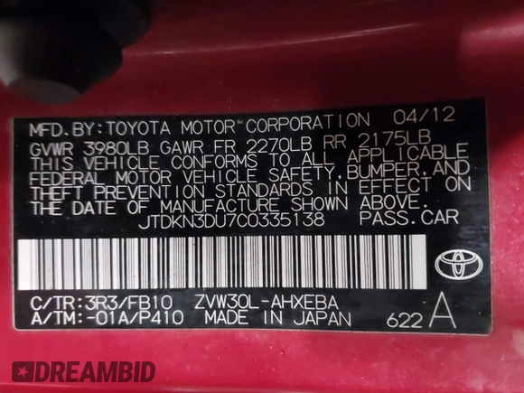 2012 Toyota Prius One with VIN JTDKN3DU7C0335138, listed as a IAAI auction lot 41569811 with 191,288 mi miles. Bid and sale history available at carsss.com. Image 9.