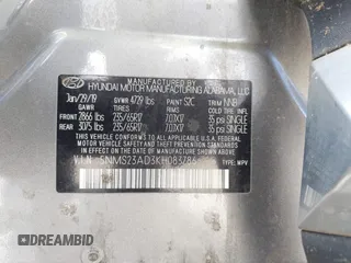 2019 Hyundai Santa Fe SE with VIN 5NMS23AD3KH083786, listed as a IAAI auction lot 42196828 with Not Provided miles and . Bid and sale history available at DreamBid. Image 9.