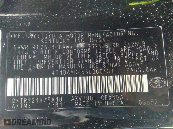 2025 Toyota Camry LE with VIN 4T1DAACK5SU060431, listed as a IAAI auction lot 41552223 with 2,490 mi miles and . Bid and sale history available at DreamBid. Image 9.