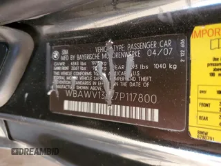 2007 BMW 3 Series 328i with VIN WBAWV13527P117800, listed as a Copart auction lot 88556335 with 173,268 mi miles and Salvage title. Bid and sale history available at DreamBid. Image 14.