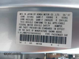 2008 Honda Accord EX with VIN JHMCP26708C009363, listed as a IAAI auction lot 42242217 with 208,564 mi miles and . Bid and sale history available at DreamBid. Image 9.