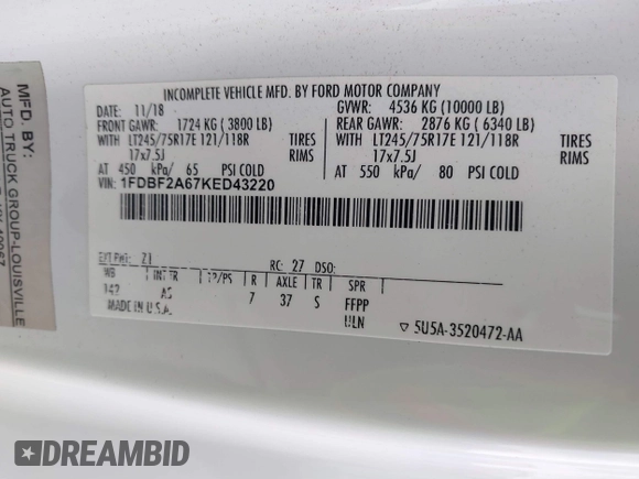 2019 Ford F-250 XL with VIN 1FDBF2A67KED43220, listed as a IAAI auction lot 41530151 with 65,176 mi miles and . Bid and sale history available at DreamBid. Image 9.