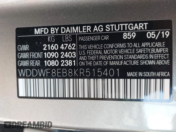 2019 Mercedes-Benz C 300 with VIN WDDWF8EB8KR515401, listed as a IAAI auction lot 41702180 with 54,107 mi miles and . Bid and sale history available at carsss.com. Image 9.