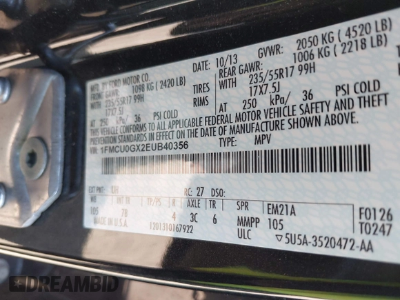 2014 Ford Escape SE with VIN 1FMCU0GX2EUB40356, listed as a IAAI auction lot 42142617 with 156,703 mi miles. Bid and sale history available at carsss.com. Image 9.