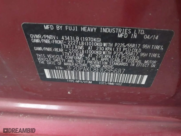 2014 Subaru XV Crosstrek Limited with VIN JF2GPAKC8E8295687, listed as a IAAI auction lot 40763852 with 139,748 mi miles. Bid and sale history available at carsss.com. Image 9.