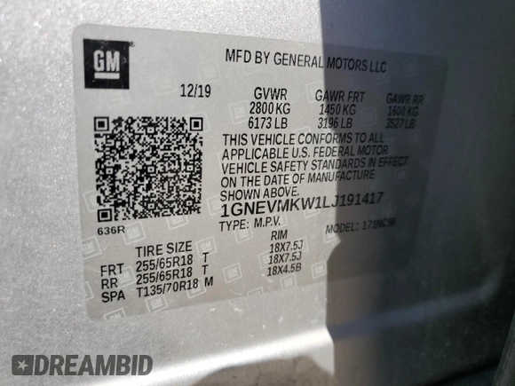 2020 Chevrolet Traverse LT Cloth z VIN 1GNEVMKW1LJ191417, wystawiony jako Copart lot #74080544 z przebiegiem 397 754 mil mil oraz Czysty tytuł • Clean title. Historia ofert i sprzedaży dostępna na DreamBid. Obrazek 13.