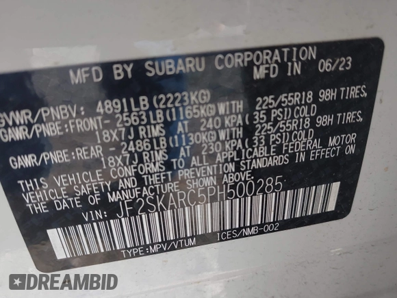 2023 Subaru Forester Touring with VIN JF2SKARC5PH500285, listed as a IAAI auction lot 42509493 with 18,737 mi miles and . Bid and sale history available at DreamBid. Image 9.