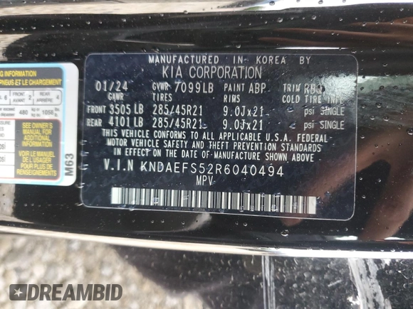 2024 Kia EV9 GT-Line z VIN KNDAEFS52R6040494, wystawiony jako Copart lot #51679105 z przebiegiem Nie podano mil oraz Szkody całkowita. Historia ofert i sprzedaży dostępna na DreamBid. Obrazek 13.