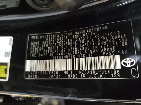 2024 Toyota Corolla LE z VIN 5YFB4MDEXRP128517, wystawiony jako IAAI lot #42852699 z przebiegiem 36 111 mil mil oraz . Historia ofert i sprzedaży dostępna na DreamBid. Obrazek 2.
