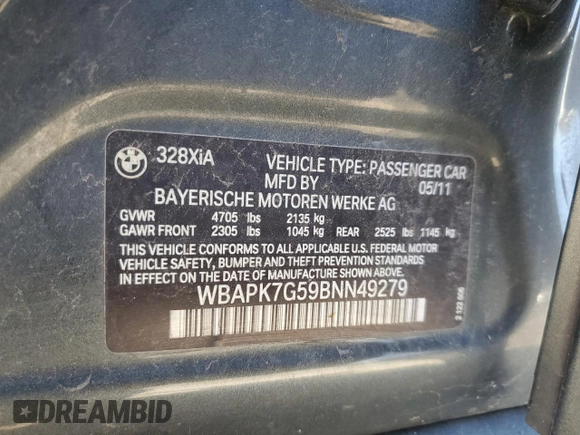 2011 BMW 3 Series 328i xDrive with VIN WBAPK7G59BNN49279, listed as a Copart auction lot 86583574 with 195,811 mi miles and Salvage Title. Bid and sale history available at carsss.com. Image 12.