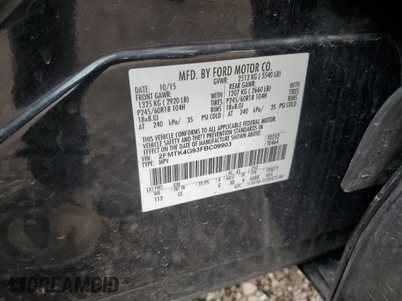 2015 Ford Edge SE with VIN 2FMTK4G93FBC09903, listed as a Copart auction lot 50848735 with 97,659 mi miles and Salvage title. Bid and sale history available at DreamBid. Image 12.