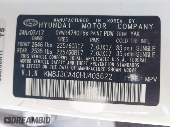 2017 Hyundai Tucson SE with VIN KM8J3CA40HU403622, listed as a IAAI auction lot 41698388 with 98,620 mi miles. Bid and sale history available at carsss.com. Image 9.