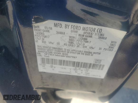 2008 Ford F-150 STX with VIN 1FTRX14W48FB67767, listed as a Copart auction lot 61669515 with Not provided miles and Salvage title. Bid and sale history available at DreamBid. Image 12.