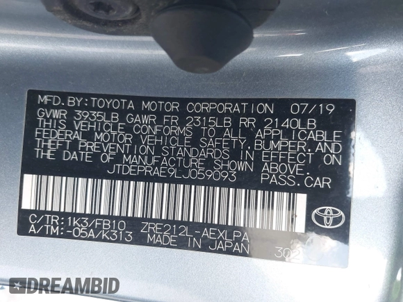 2020 Toyota Corolla LE with VIN JTDEPRAE9LJ059093, listed as a IAAI auction lot 41950106 with 1 mi miles. Bid and sale history available at carsss.com. Image 9.