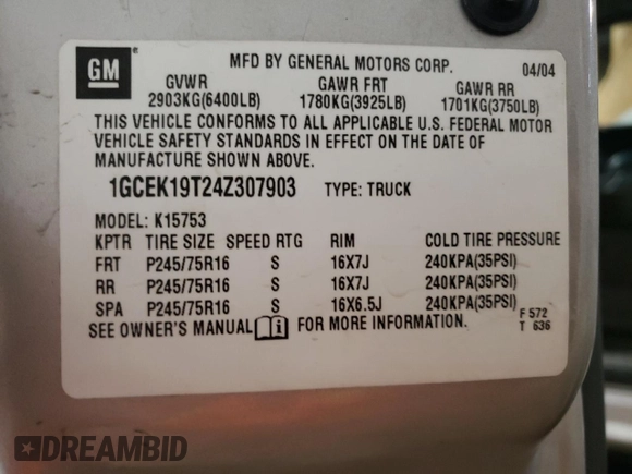 2004 Chevrolet Silverado 1500 with VIN 1GCEK19T24Z307903, listed as a Copart auction lot 49138965 with 165,162 mi miles and Salvage Title. Bid and sale history available at DreamBid. Image 12.