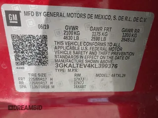 2019 GMC Terrain SLE with VIN 3GKALTEV4KL399376, listed as a IAAI auction lot 42143747 with 181,346 mi miles. Bid and sale history available at carsss.com. Image 9.